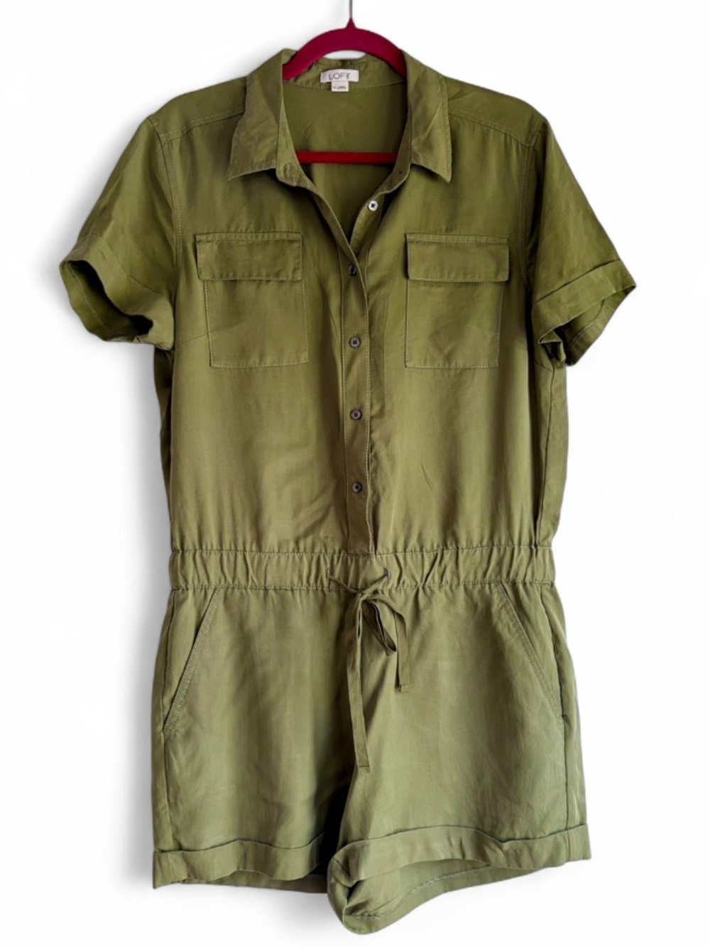 Loft Olive Green Short Sleeve Button Front Shorts Romper Size S